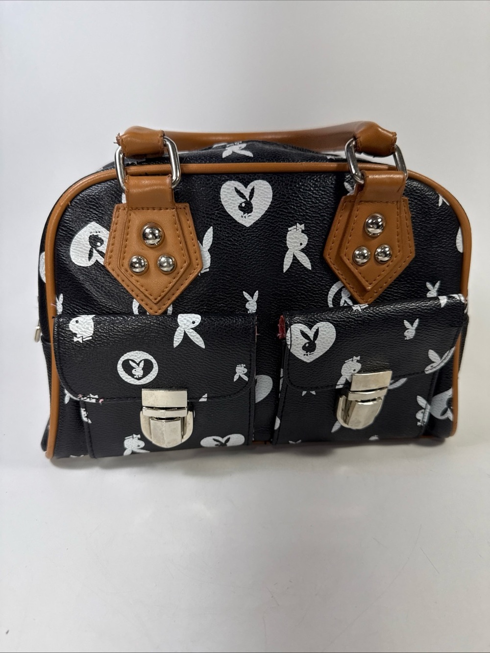 Vtg y2k Playboy Black and Tan Printed Satchel Bag pink interior - Picture 5 of 16